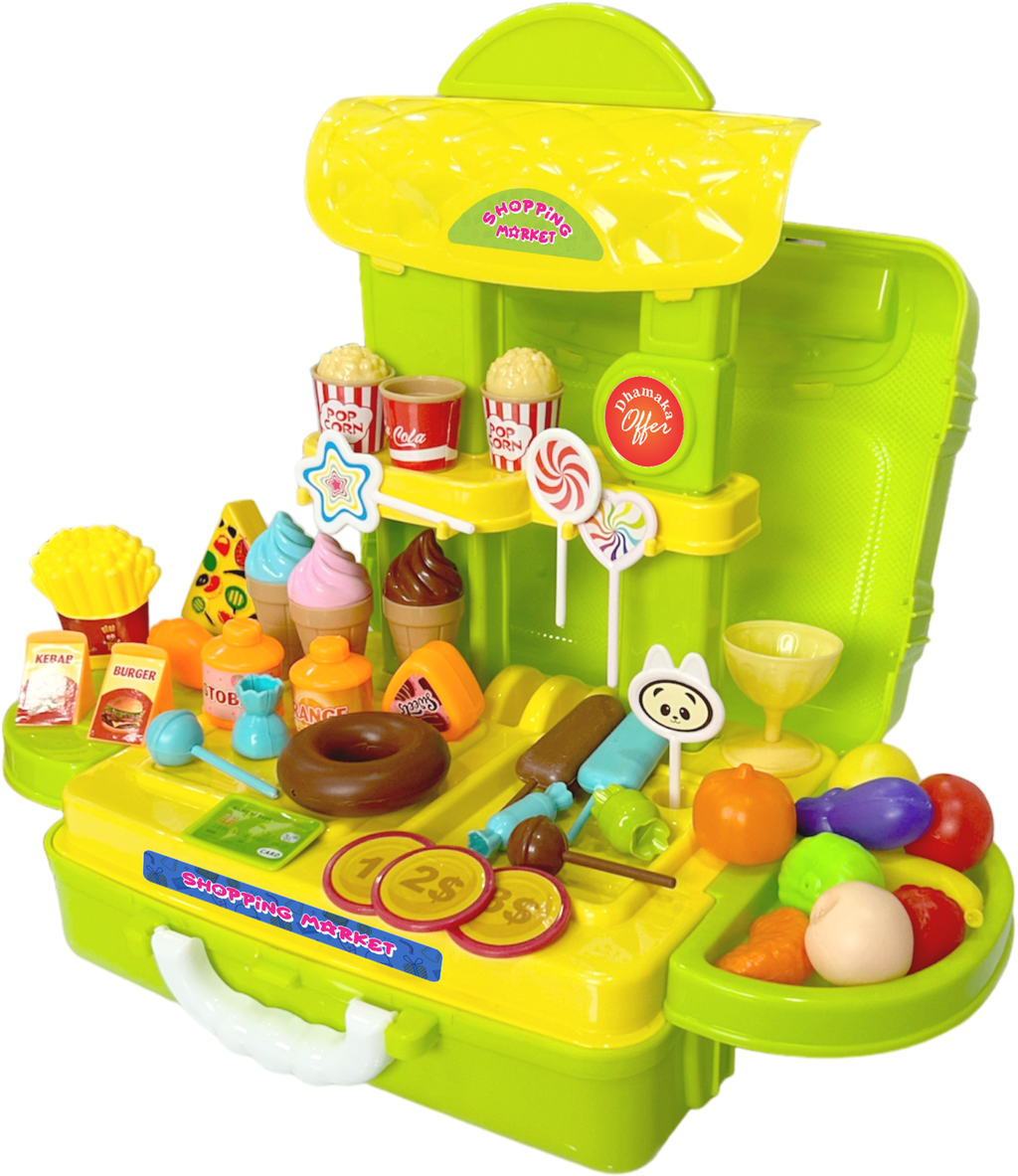 Kids Shopping Market Play Set – 40 PCS Pretend Food Stall Toy with Carry Case (Age 3+)